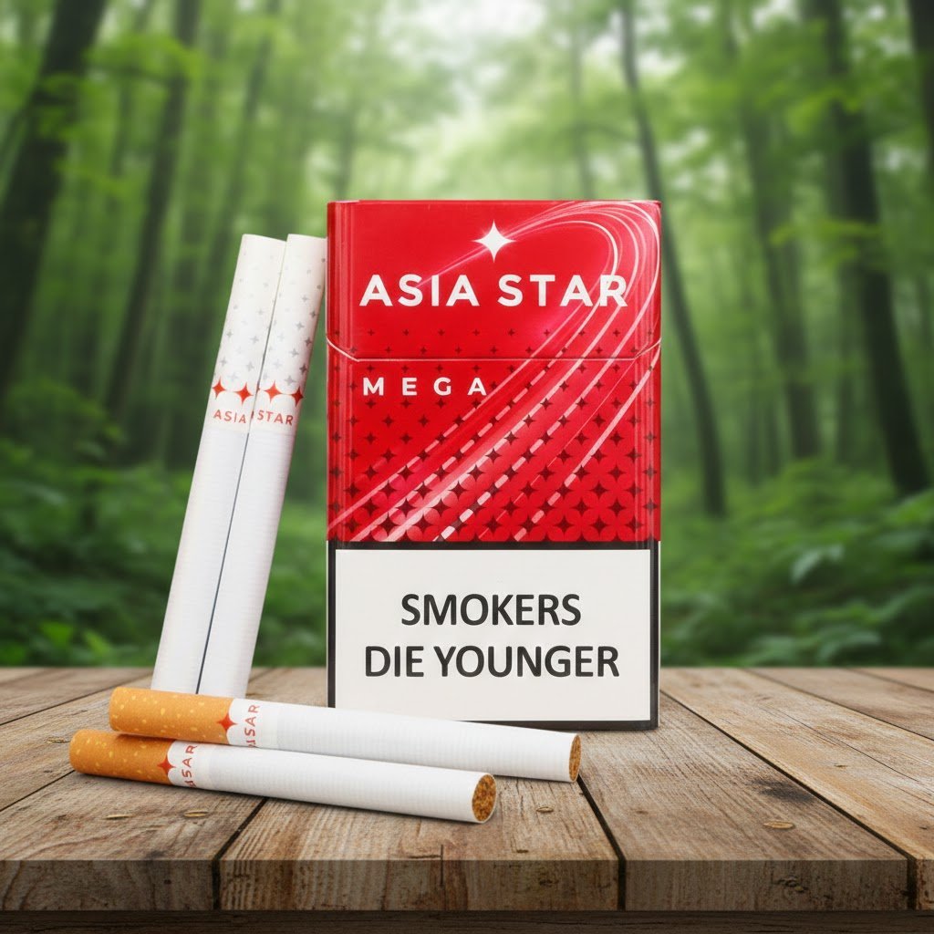 ซองบุหรี่ Asia Star Mega สีแดงลายดาว พร้อมมวนบุหรี่วางบนโต๊ะไม้ในบรรยากาศป่า
