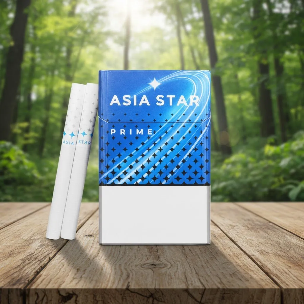 บุหรี่ Asia Star Prime ซองสีน้ำเงินลายดวงดาวและทางช้างเผือก มวนสลิมสีขาวก้นกรองลายดาวสีฟ้า วางบนโต๊ะไม้ฉากหลังป่าธรรมชาติ