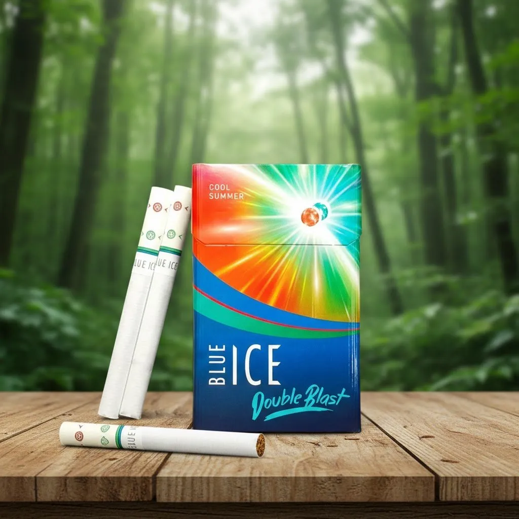 บุหรี่ Blue Ice Double Blast Cool Summer ซองหลากสีลายแสงสีส้มเขียวและน้ำเงิน พร้อมมวนบุหรี่แบบ 2 เม็ดบีบ วางบนโต๊ะไม้ฉากหลังป่าธรรมชาติ
