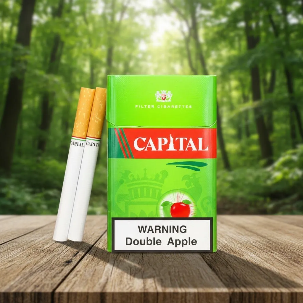 ซองบุหรี่ Capital Double Apple สีเขียวสดใสพร้อมรูปแอปเปิ้ล วางบนโต๊ะไม้ฉากหลังป่าไม้ธรรมชาติ